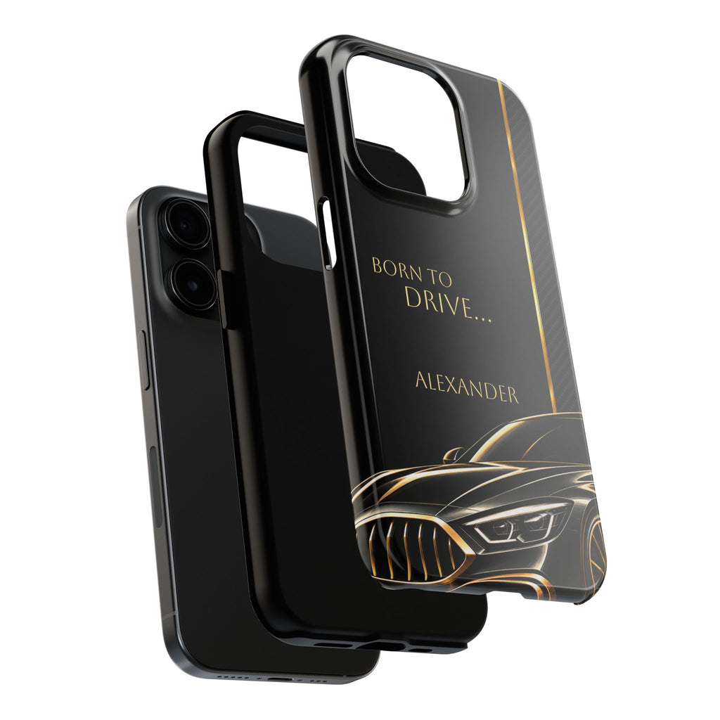 Born to Drive Personalized Tough Phone Case — Personalized Luxury Car Phone Case – Black & Gold Automotive Design