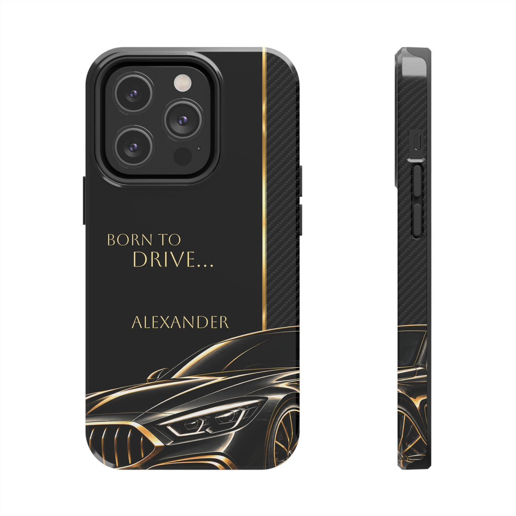 Born to Drive Personalized Tough Phone Case — Personalized Luxury Car Phone Case – Black & Gold Automotive Design