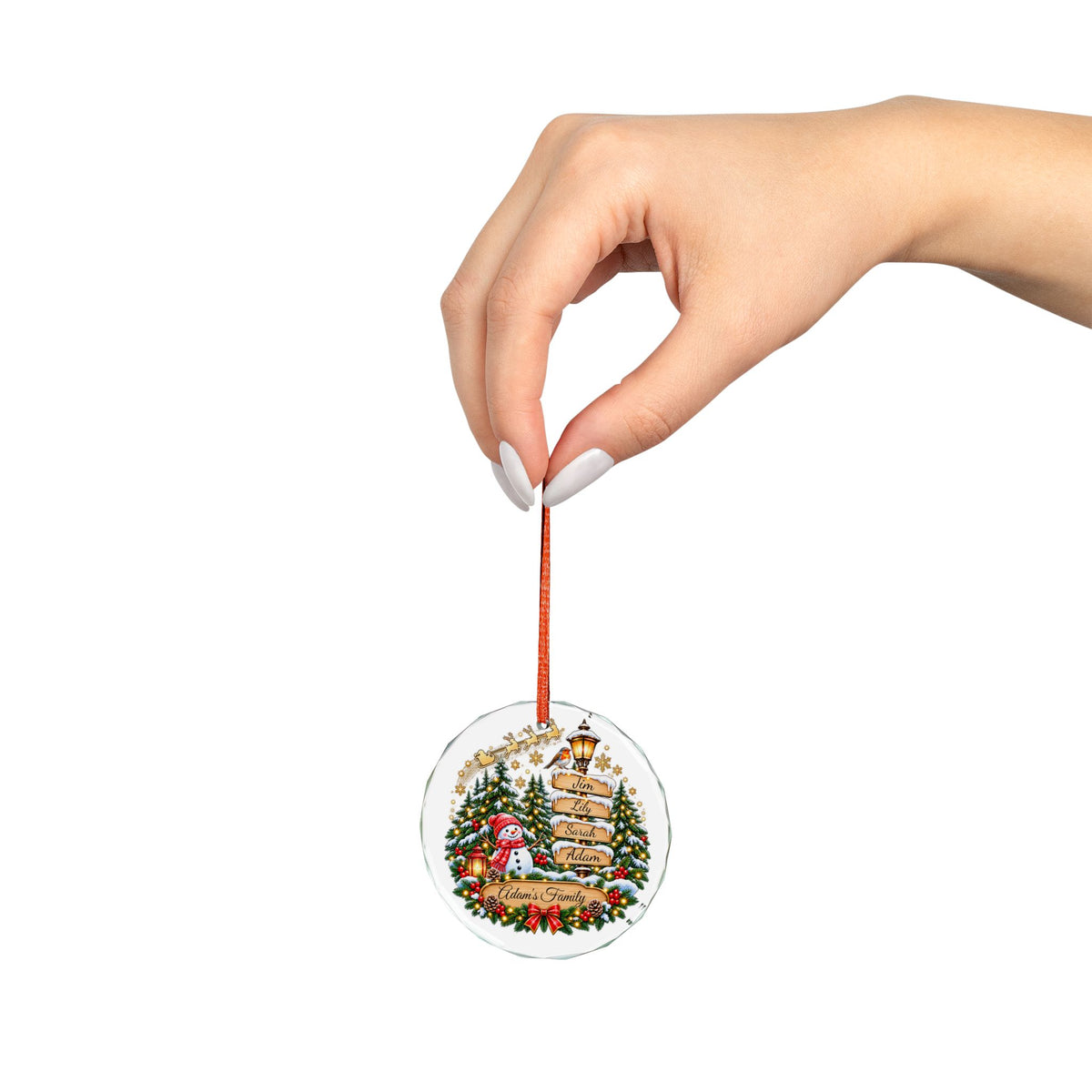 Personalized Family Christmas Ornament – Custom Names & Family Name, Snowy Winter Wonderland Tree Decoration
