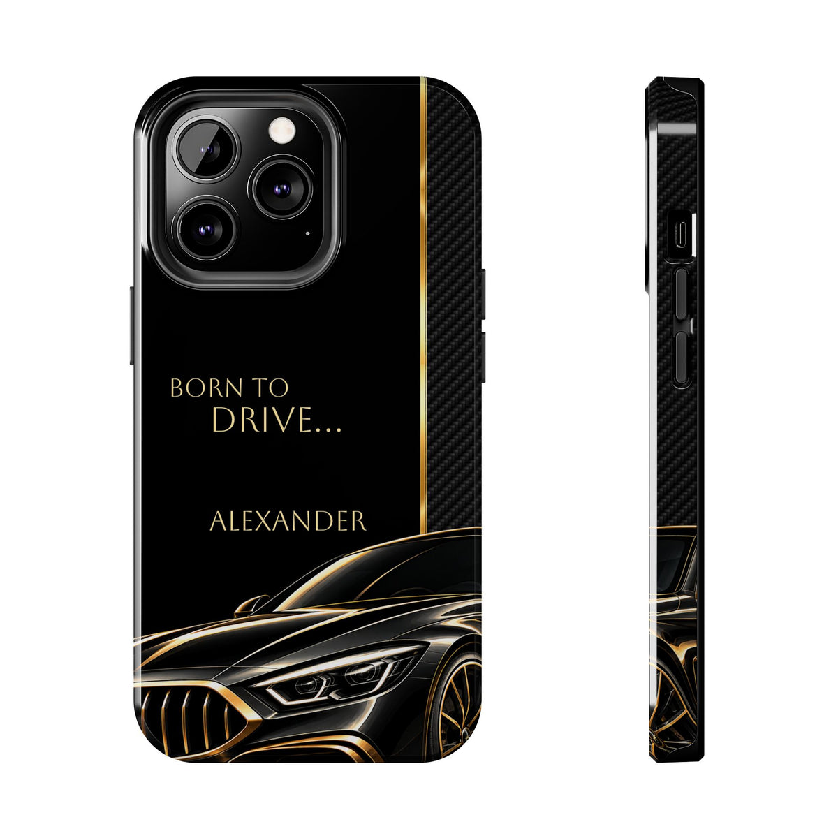 Born to Drive Personalized Tough Phone Case — Personalized Luxury Car Phone Case – Black & Gold Automotive Design