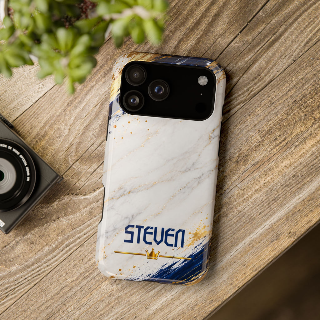 Personalized White Marble & Navy Gold MagSafe Phone Case – Custom Name — Personalized Marble Phone Case