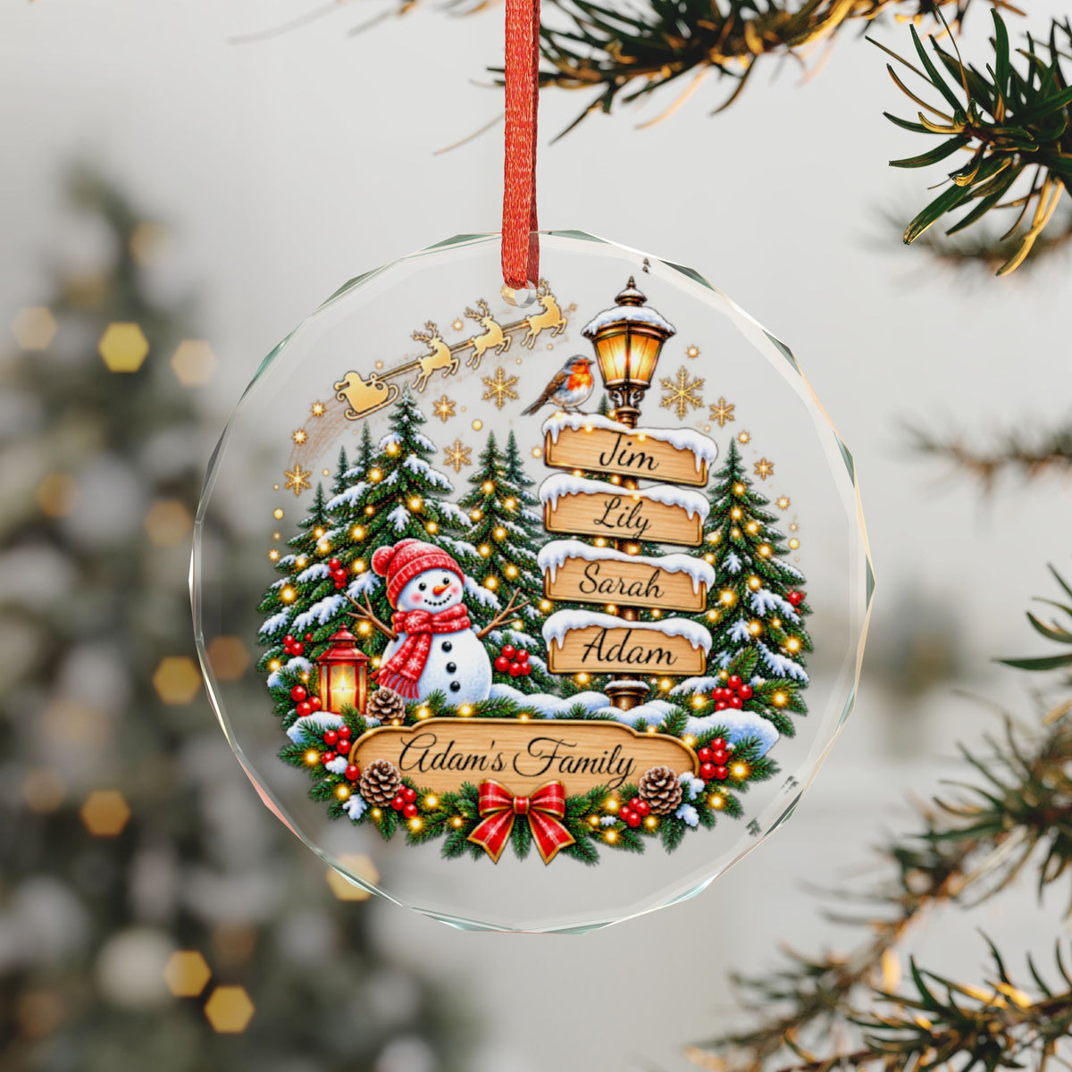 Personalized Family Christmas Ornament – Custom Names & Family Name, Snowy Winter Wonderland Tree Decoration