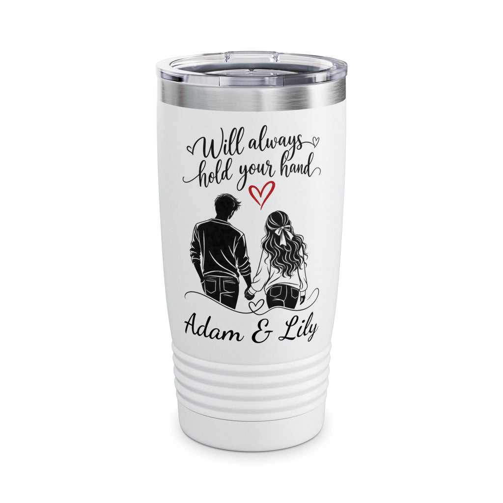 Personalized Couple Tumbler – “Will Always Hold Your Hand” Travel Coffee Cup with Custom Names, Romantic Gift for Couples