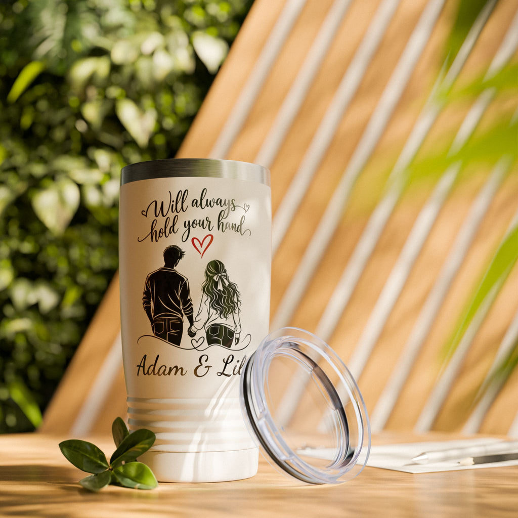 Personalized Couple Tumbler – “Will Always Hold Your Hand” Travel Coffee Cup with Custom Names, Romantic Gift for Couples