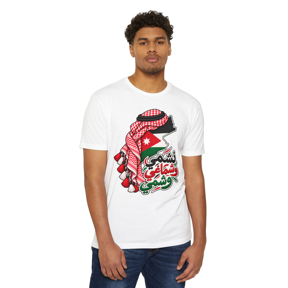 Jordan Flag T-Shirt with Kuffiyeh Silhouette & Arabic Script - Jordanian T-Shirt | Jordan Map & Kuffiyeh Arabic Graphic Tee