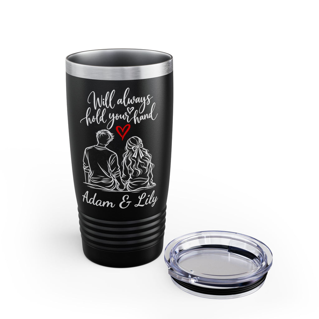 Personalized Couple Tumbler – “Will Always Hold Your Hand” Travel Coffee Cup with Custom Names, Romantic Gift for Couples