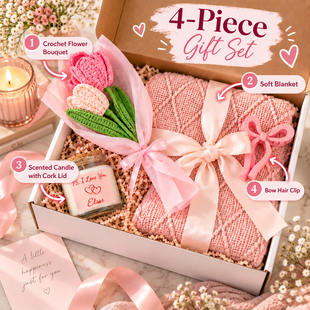 Personalized Romantic Gift Box for Her – Cozy Pink Gift Set with Blanket, Candle & Flowers