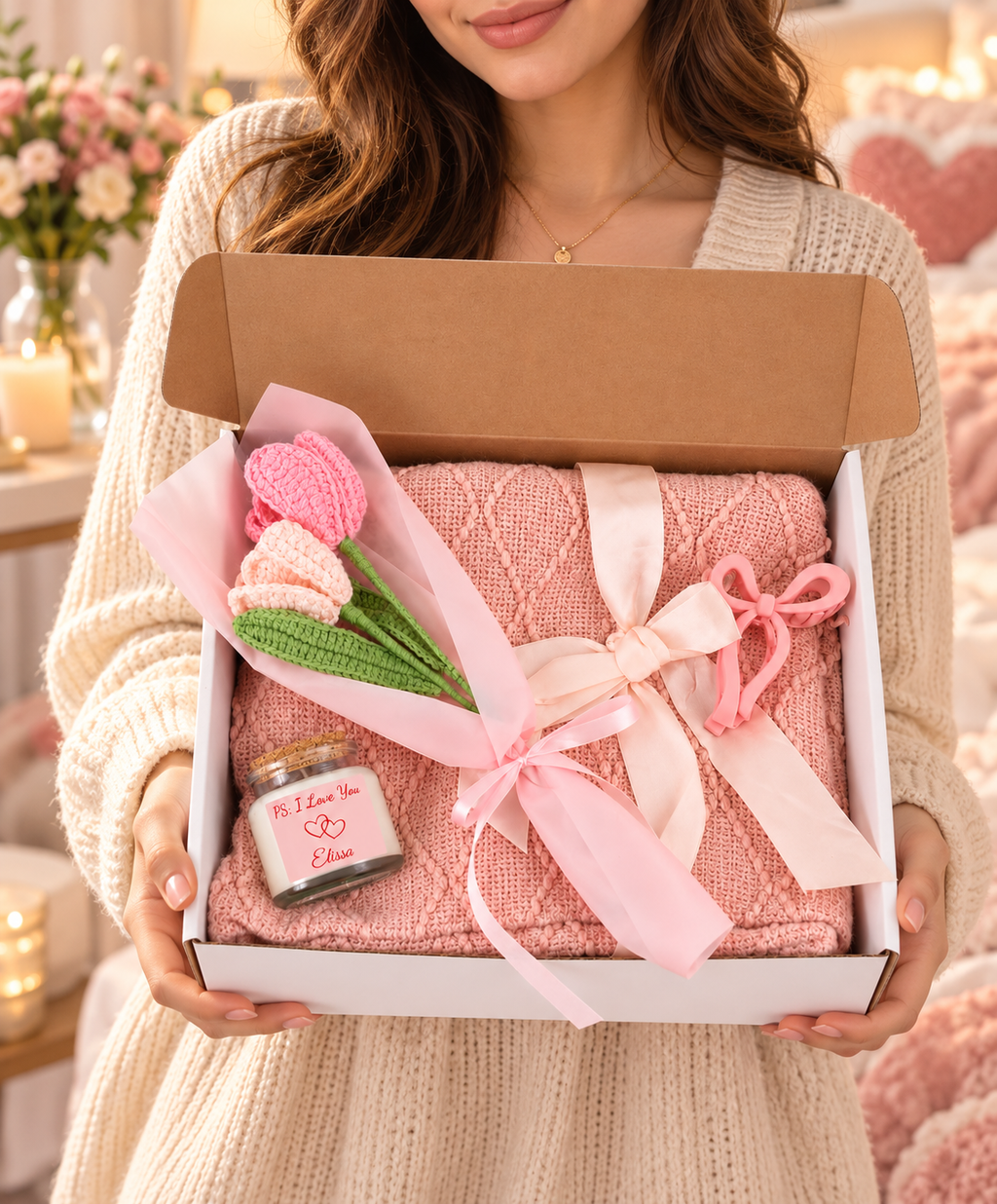 Personalized Romantic Gift Box for Her – Cozy Pink Gift Set with Blanket, Candle & Flowers