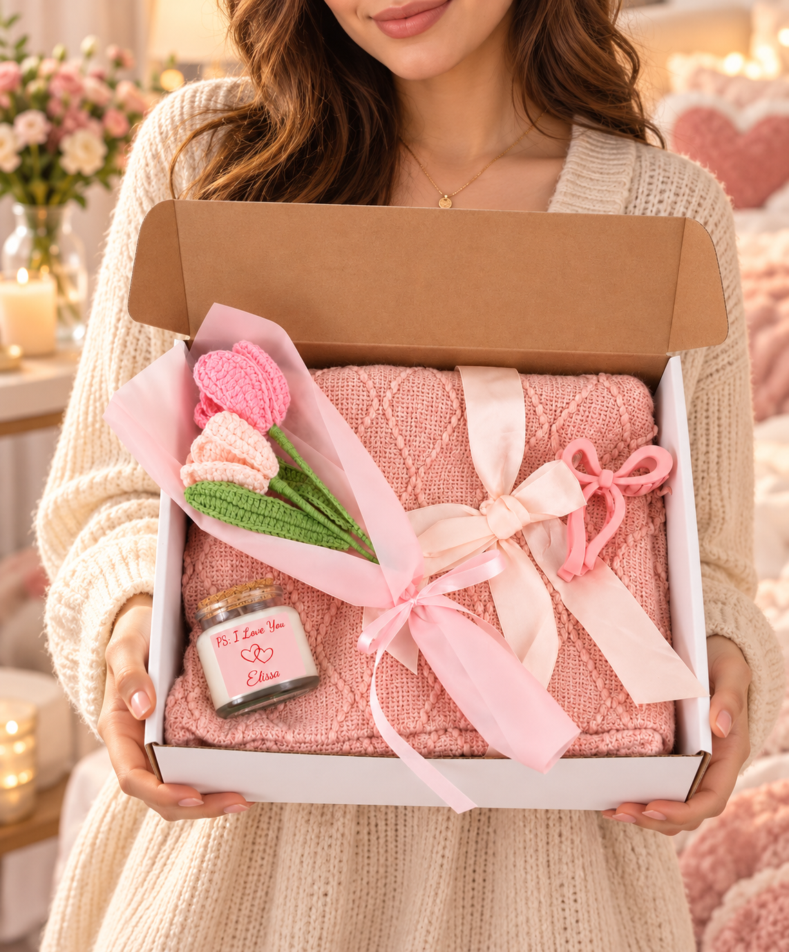 Personalized Romantic Gift Box for Her – Cozy Pink Gift Set with Blanket, Candle & Flowers