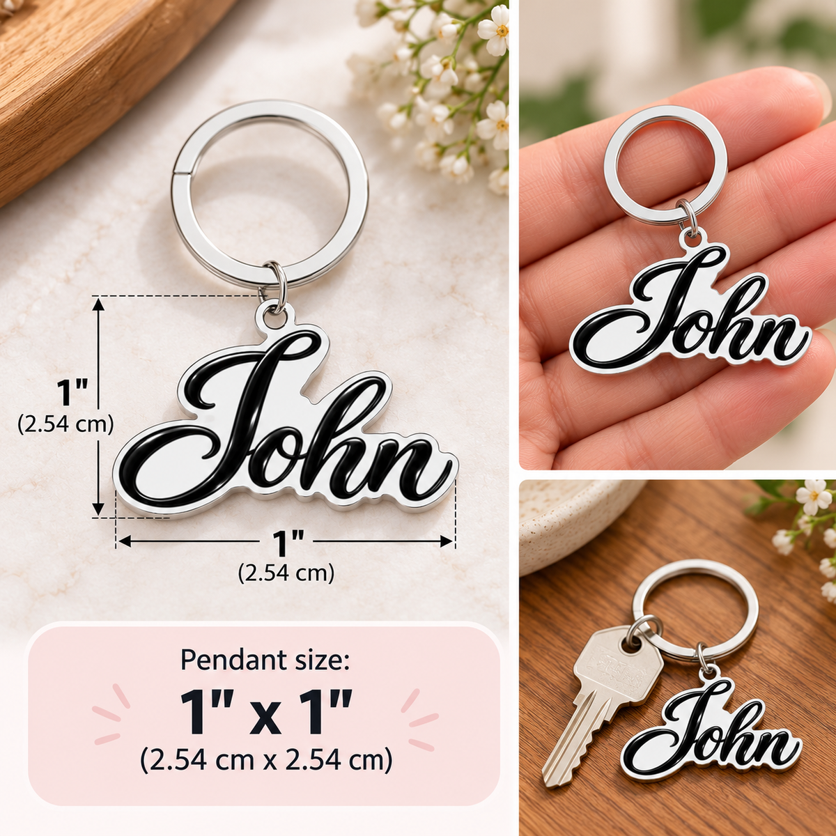 Personalized Name Keychain - Custom Black Script Name Pendant